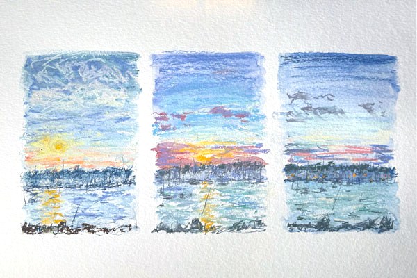 Triptyque pastel sec, vue sur le port de la Trinité-sur-Mer, Dimanche 3 août 2025, Matthieu Darrasse