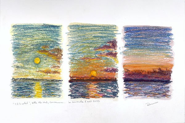 Triptyque pastel sec, vue de la villa Ker Mab, Concarneau, Dimanche 6 août 2023, Matthieu Darrasse