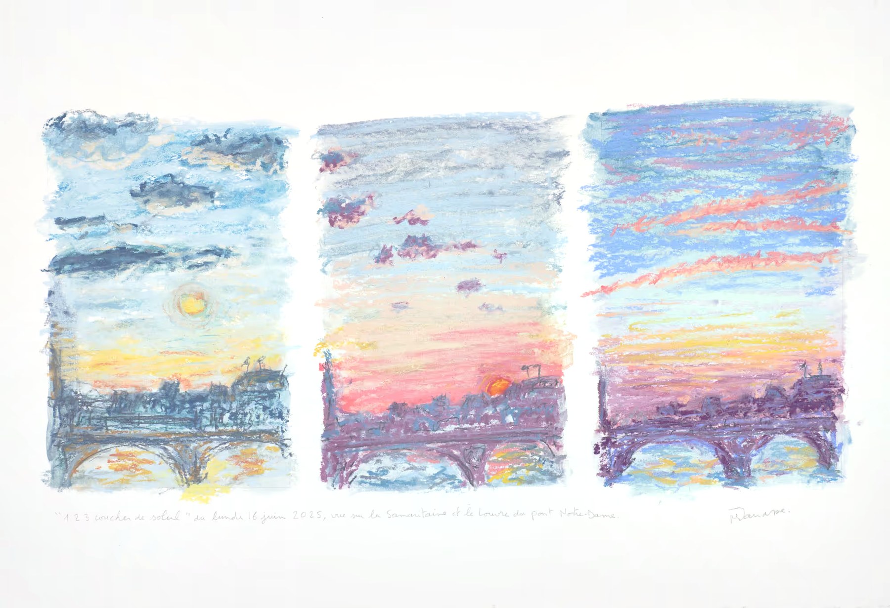 Triptyque pastel sec, vue sur le Louvre du pont Notre Dame, Lundi 16 juin 2025, Matthieu Darrasse
