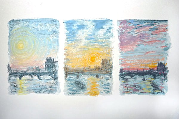 Triptyque pastel sec, vue du le Pont des Arts, Paris, Lundi 19 mai 2025, Matthieu Darrasse