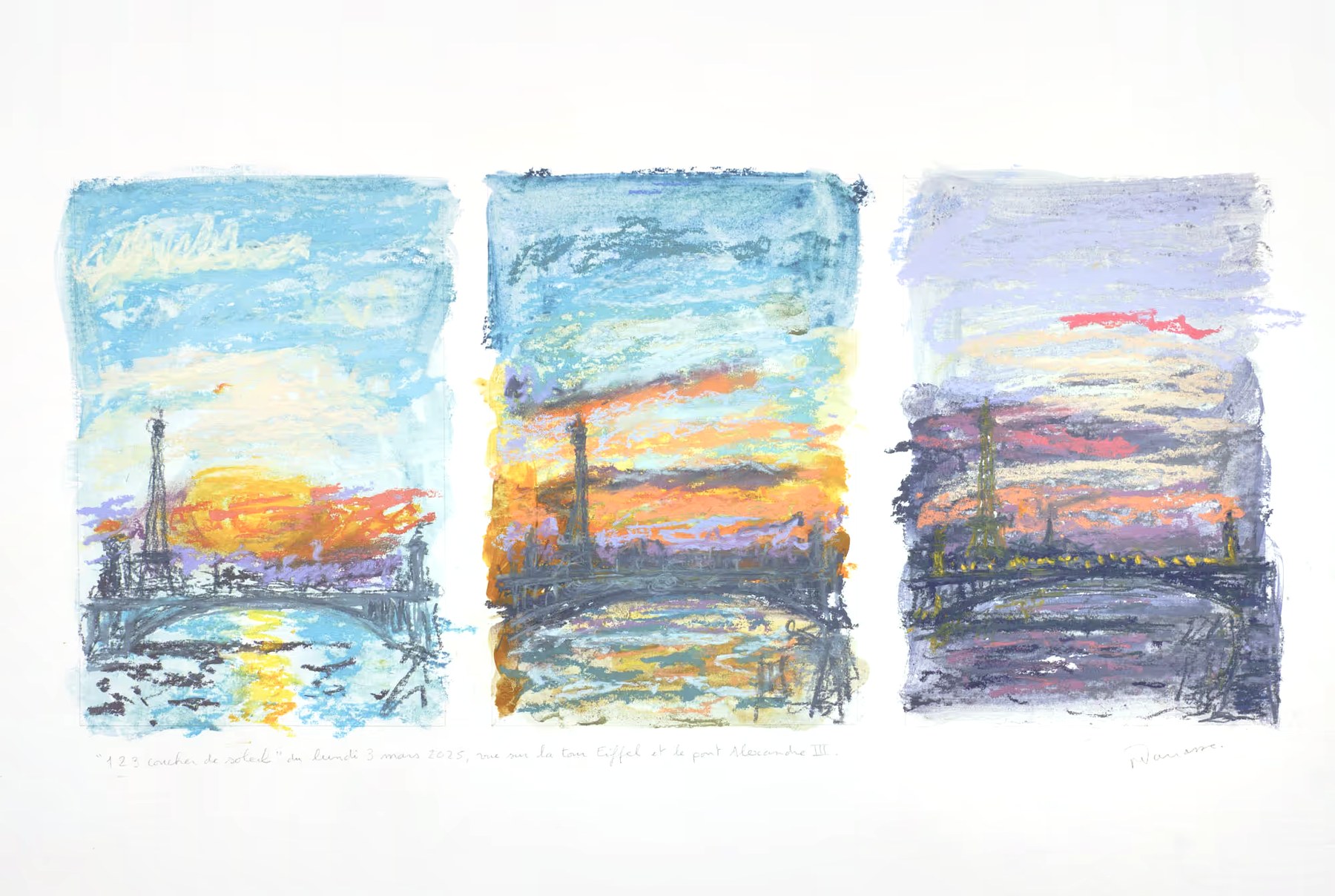 Triptyque pastel sec, vue sur Tour Eiffel et le pont Alexandre III, Lundi 3 mars 2025, Matthieu Darrasse