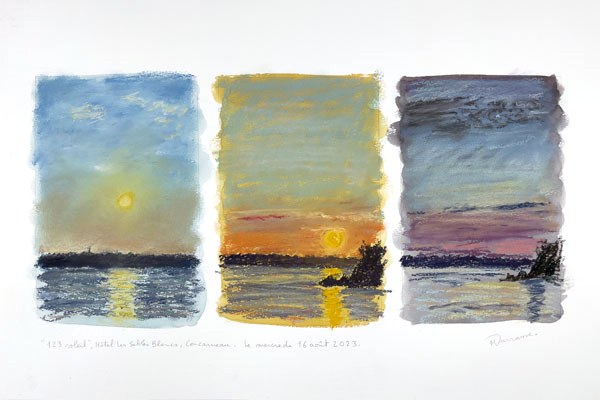 Triptyque pastel sec, vue de l'Hôtel Les Sables Blancs, Concarneau, Mercredi 16 août 2023, Matthieu Darrasse