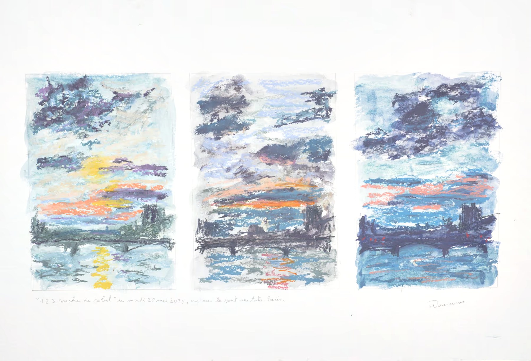Triptyque pastel sec, vue sur le pont des Arts et le Louvre, Mardi 20 mai 2025, Matthieu Darrasse