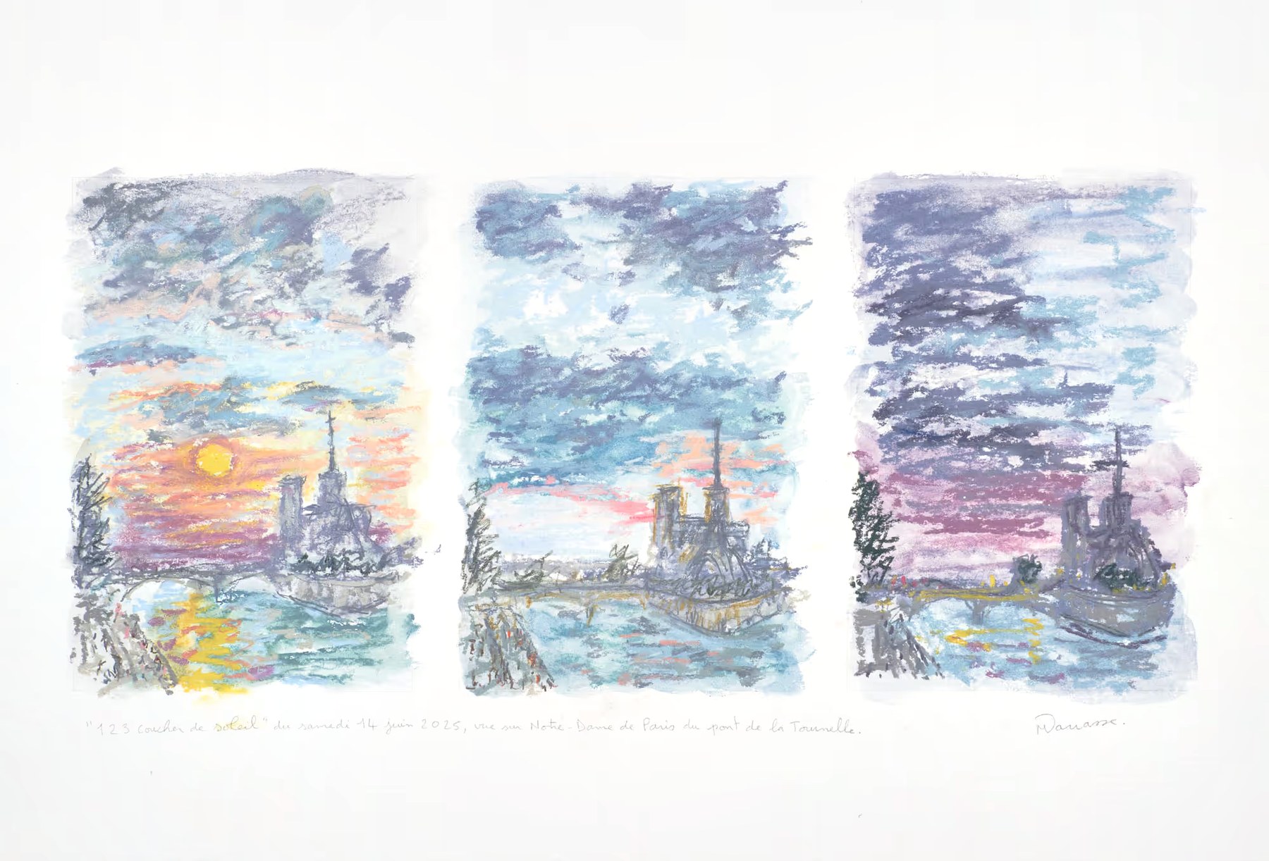 Triptyque pastel sec, Vue sur Notre-Dame de Paris, Samedi 14 juin 2025, Matthieu Darrasse