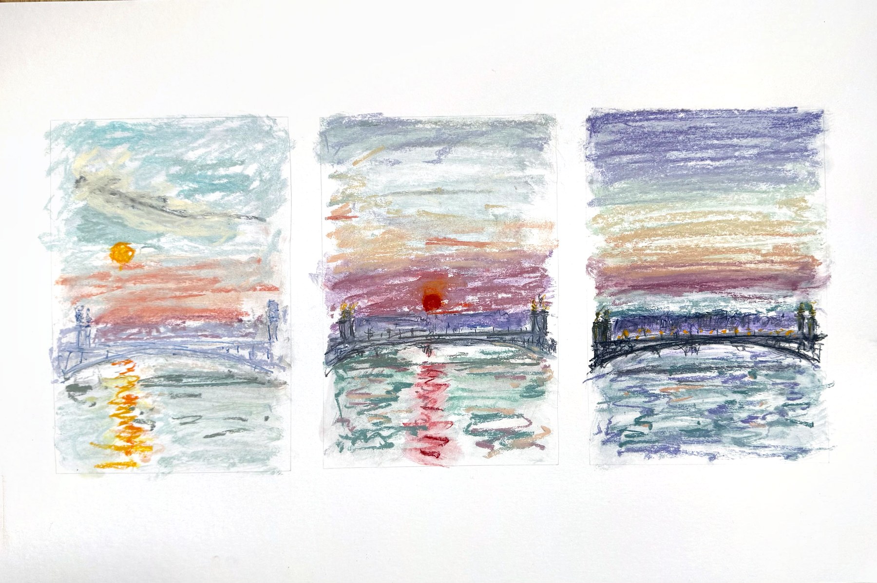 Triptyque pastel sec, vue du pont de la Concorde, Samedi 21 mars 2026, Matthieu Darrasse