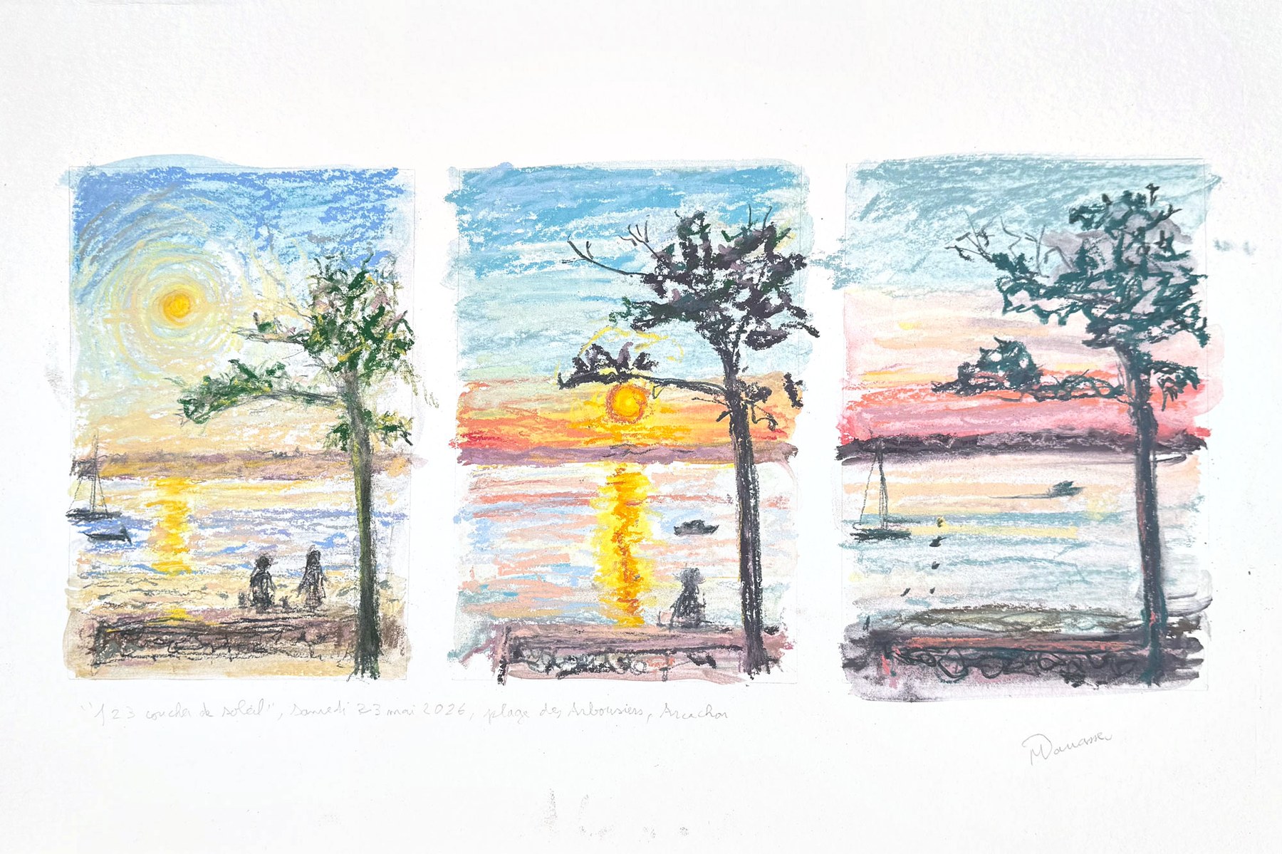 Triptyque pastel sec, vue d'Arbousiers, devant le restaurant Le Bikini, Samedi 23 mai 2026, Matthieu Darrasse