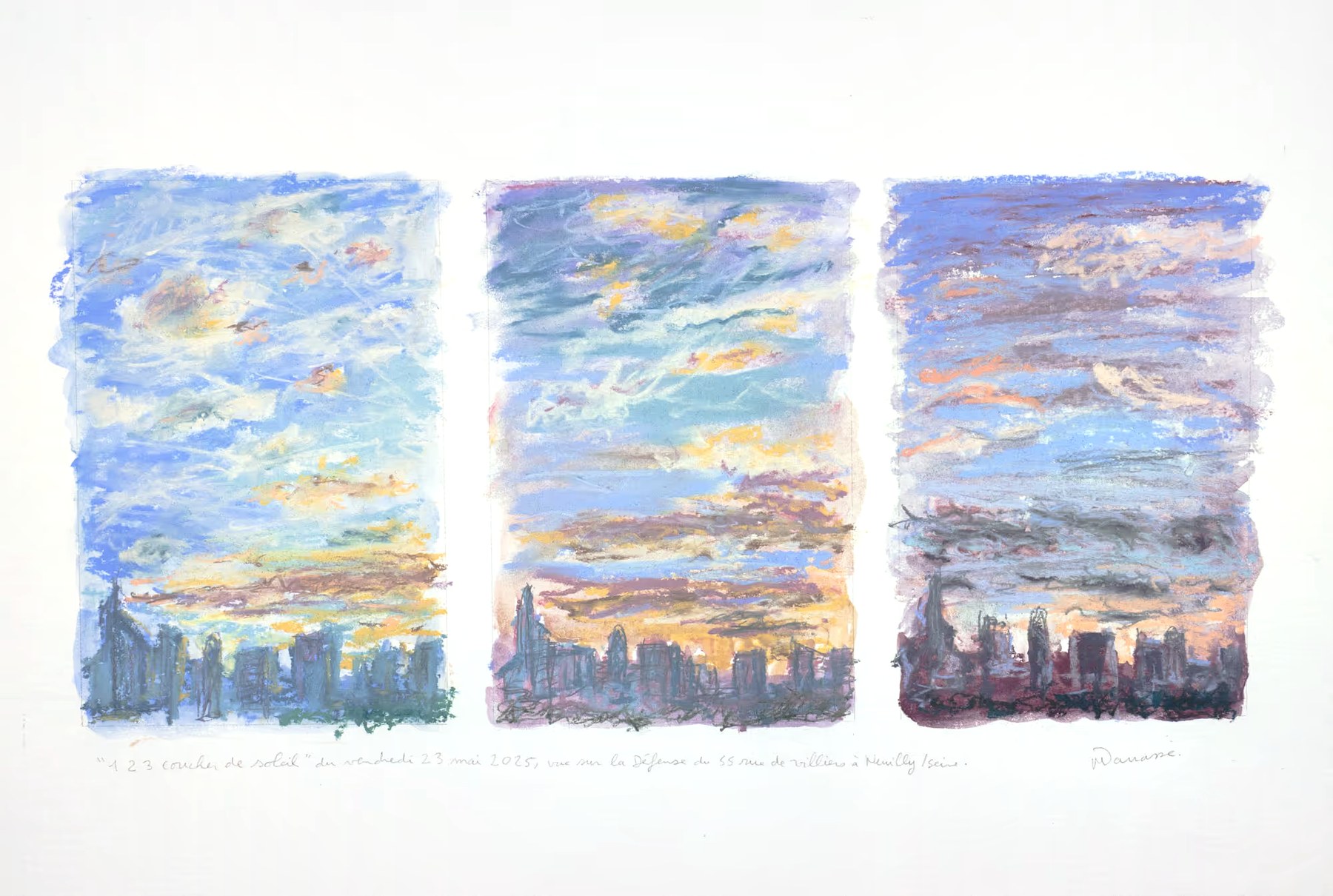 Triptyque pastel sec, vue sur la Défense du 55 rue de Villiers, Vendredi 23 mai 2025, Matthieu Darrasse