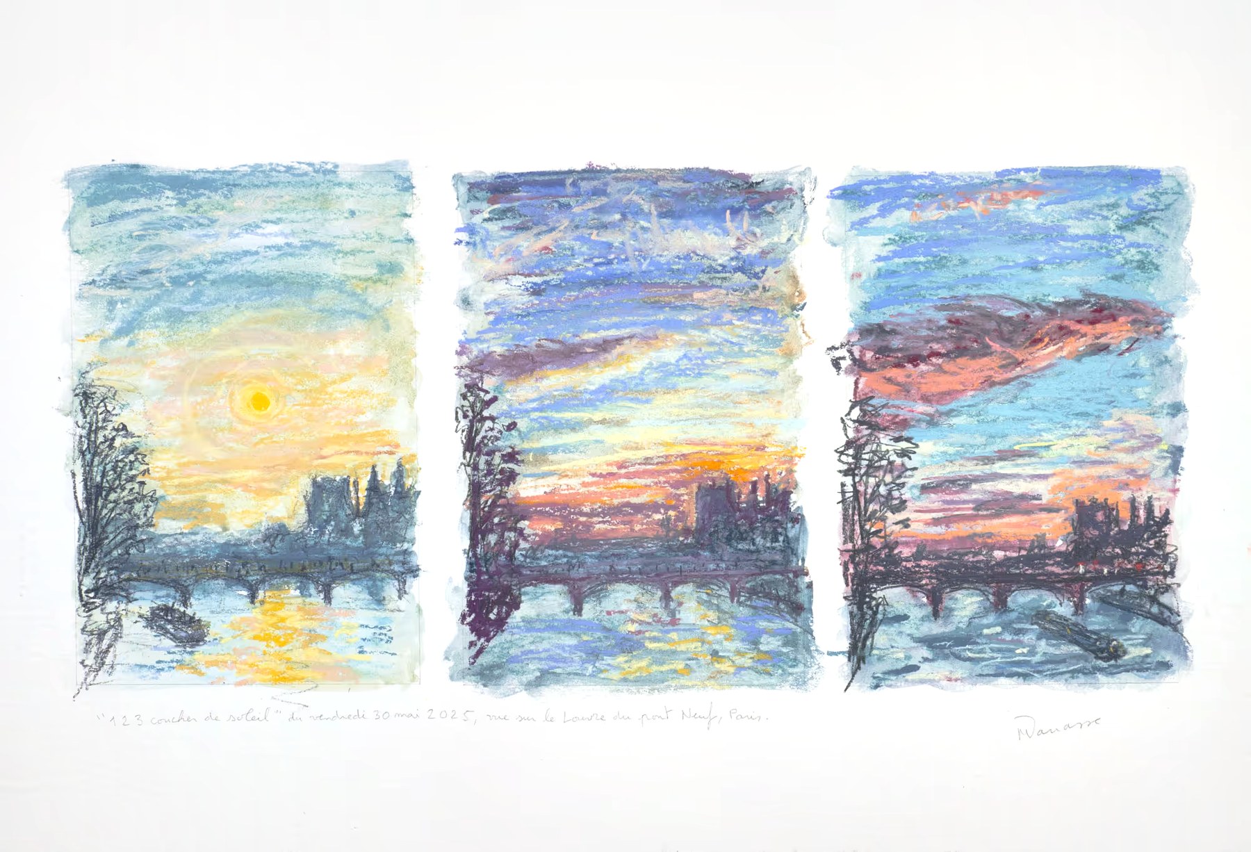 Triptyque pastel sec, vue sur le musée du Louvre du pont Neuf, Vendredi 30 mai 2025, Matthieu Darrasse