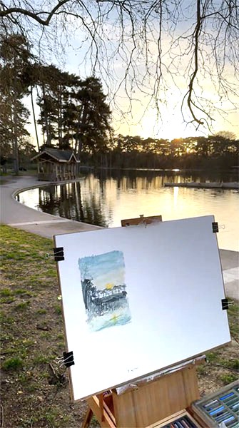 Triptyque pastel sec, vue sur le lac Inférieur du bois de Boulogne, Vendredi 7 mars 2025, Matthieu Darrasse